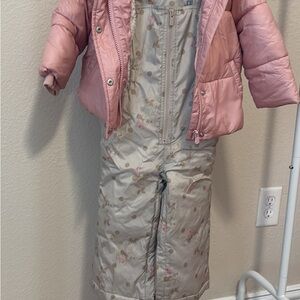 BabyGAP Pink Puffer Jacket with Disney Patterned Ski bibs